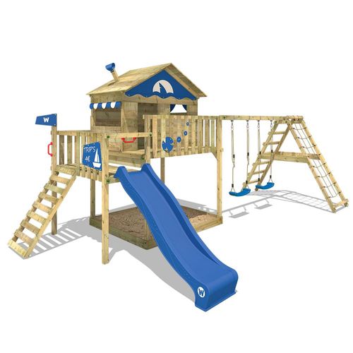 Wickey Aire De Jeux Portique Bois Smart Ocean Avec Balançoire Et Toboggan Bleu, Maison Enfant Sur Pilotis Avec Bac À Sable, Échelle D'escalade & Accessoires De Jeux