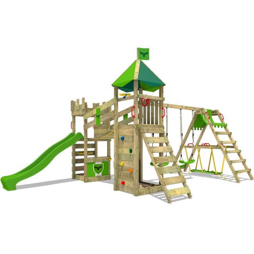 Fatmoose Aire De Jeux Portique Bois Riverrun Avec Balançoire Surfswing Et Toboggan Vert Pomme, Maison Enfant Exterieur Avec Bac À Sable, Échelle D'escalade & Accessoires De Jeux