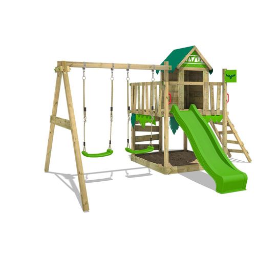 Fatmoose Aire De Jeux Portique Bois Jazzyjungle Avec Balançoire Et Toboggan Vert Pomme, Maison Enfant Exterieur Avec Bac À Sable, Échelle D'escalade & Accessoires De Jeux