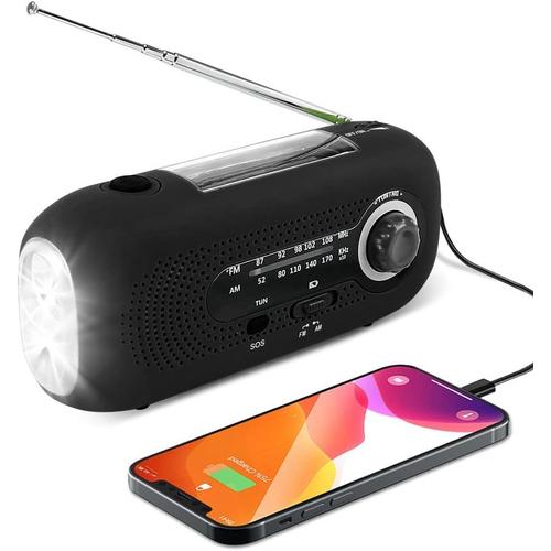 Radio Solaire, Manivelle d'urgence Radio Météo Solaire AM/FM Auto-alimentée avec Lampe de Poche 5 LED, Banque d'alimentation d'urgence 2000 mAh pour Smartphones, Maison et Camping (Noir)