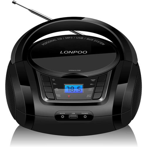 Lecteur CD Portable Radio FM Noir, Lecteur MP3 CD Enfant, Audio Domestique Portable avec Bluetooth, USB Entrée, 3.5 mm AUX Entrée, Prise Casque