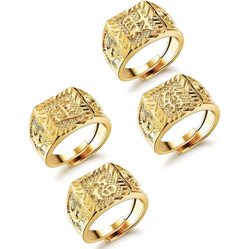 3-4 Pcs Bague Homme Plaqué Or Lot De Réglable Chevalière Bague Kanji, Riche Fortuna Richesse Doré Plaqué Bague, L'or Bénissent Tous, Anneau De Pouce Ouvert Alliance