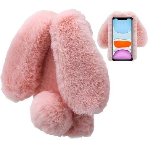 Coque Lapin Pour Iphone 13 Mini 5,4 Pouces, Mignon Peluche Faux Fourrure Oreille Souple Poilu Doux Silicone Tpu Pare-Chocs Anti-Choc Anti Poussiere Incassable Housse Étui De Protection - Rose