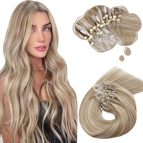 Extension Cheveux Naturel Anneau Extension a Froid Brun Clair avec Blond Platine Extension Froid Cheveux Humain Easy Loop 35 cm 1g/Mèche 50g/Paquet #P9A/60