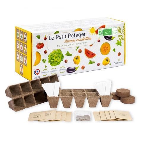 CULTIVEA® Le Kit Petit Potager - Kit de 10 graines de semis ensoleillés - Pots à semis - Graines bio(herbes aromatiques, tomates, légumes, pastèque, melon)