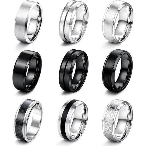 9 Pcs Acier Inoxydable Bagues Homme Argent Noir Finition Mat Poli Bande Bague Décapsuleur Anneaux Alliance Bague Fiançailles Vintage Fidget Bague Pour Homme Femme