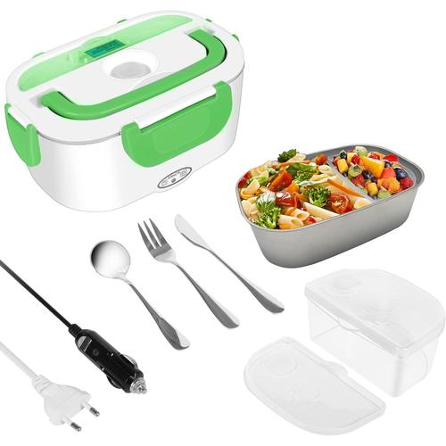 Boîte Chauffante Repas, 2 en 1 Lunch Box Chauffante Electrique 220V 12V - Gamelle Chauffante Acier Inoxidable Convient pour Voiture/Bureau/Pique-Nique¿Vert¿