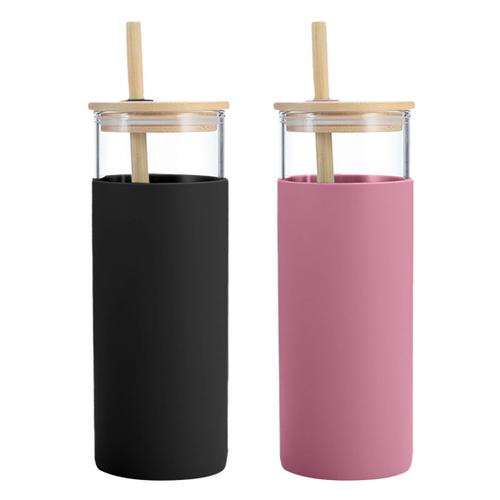 2 glass tumbler glass water bottle straw silicone protective cover bamboo cover, BPA-free.