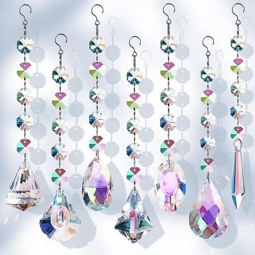 Sun Catchers With Crystals, 7 Pcs Hanging Crystals Suncatchers For Windows, Colored Crystals Prisms Glass Pendant Suncatchers Beads For Chandeliers, Garden, Christmas Tree Decoration
