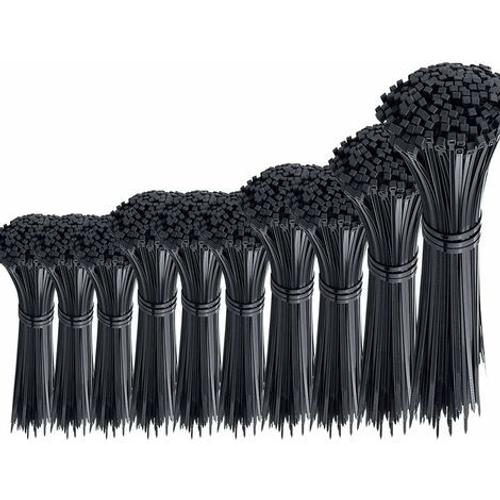 Lot de 1000 Pièces Serre Câble Noir Plastique Lourd Collier de Serrage Rilsan Nylon Attaches Cable Zip Ties Assortiment 100/150/200/250/300mm de Long, 2,5/3,6mm de Large-longziming