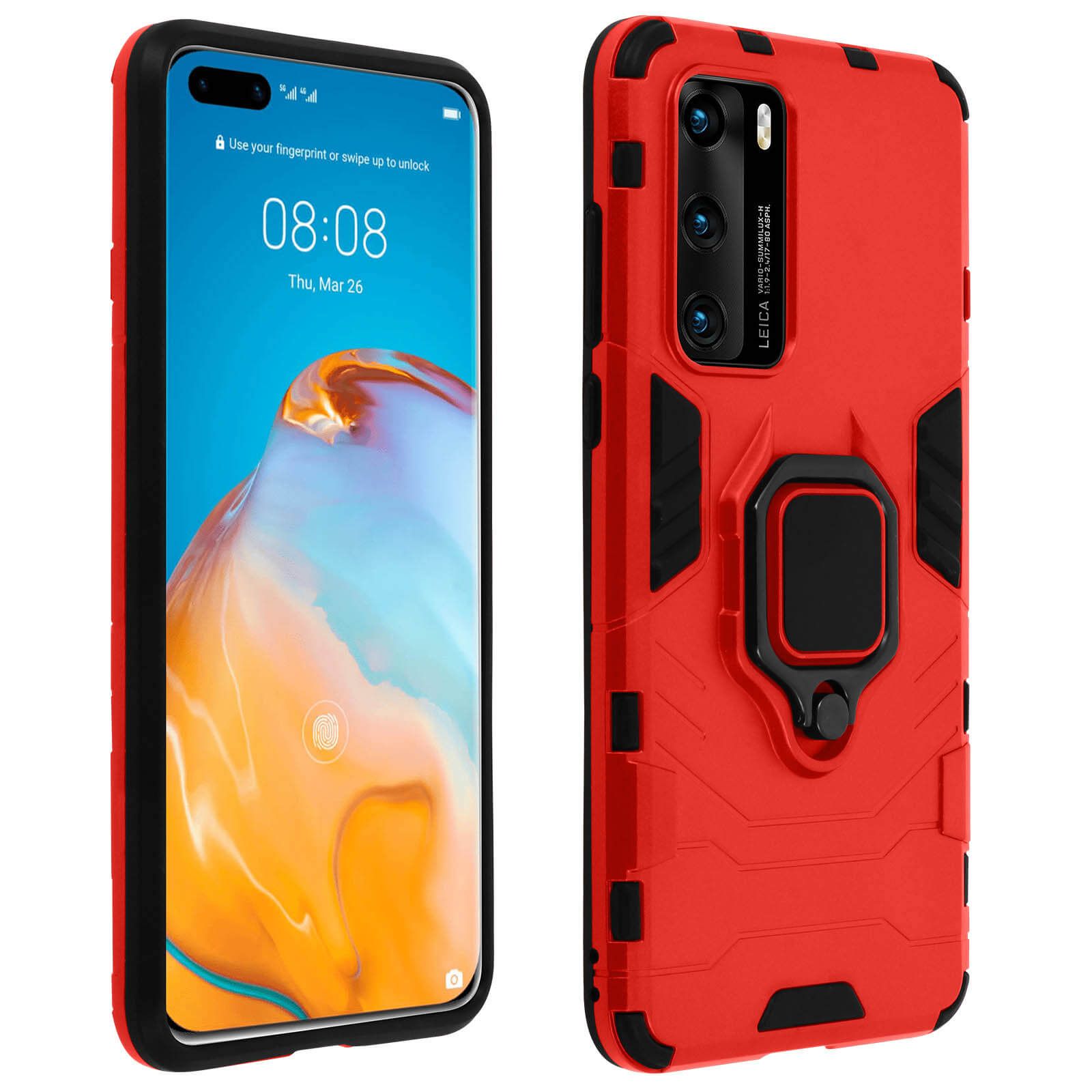 Coque Huawei P40 Bi-Matière Bague Métallique Support Vidéo Rouge