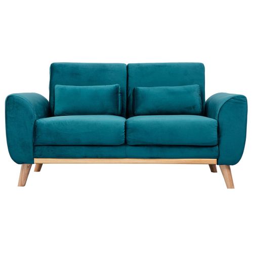 Canapé Scandinave 2 Places Velours Bleu Pétrole Et Bois Clair Ektor
