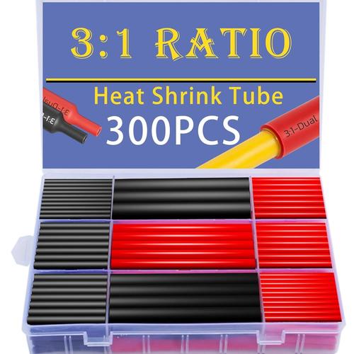 Lot de 300 gaines thermorétractables avec rapport 3:1 - Qualité marine - 45-90 mm de longueur - 5 tailles - Parfait pour la maison, l'automobile, l'industrie (noir/rouge)