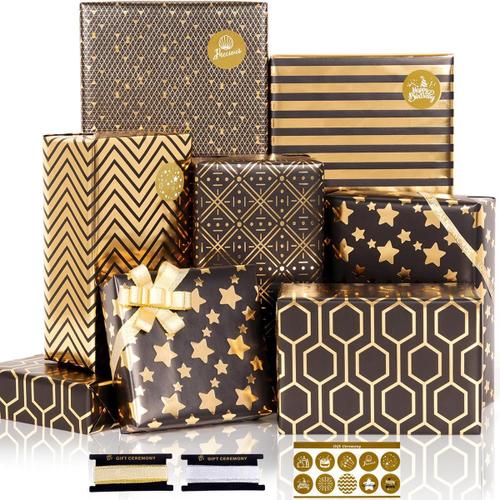 Lot de 6 feuilles de papier cadeau noir et doré - Pour anniversaire, vacances, Saint-Valentin, Pâques, remise de diplôme, fête prénatale, 50 x 70 cm