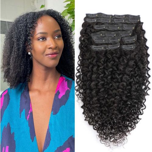 Kinky Curly Clip In Hair Extensions Cheveux Naturel Bresilienne Vierge 100% Humain Cheveux 8pcs Noir 14 Pouces 
