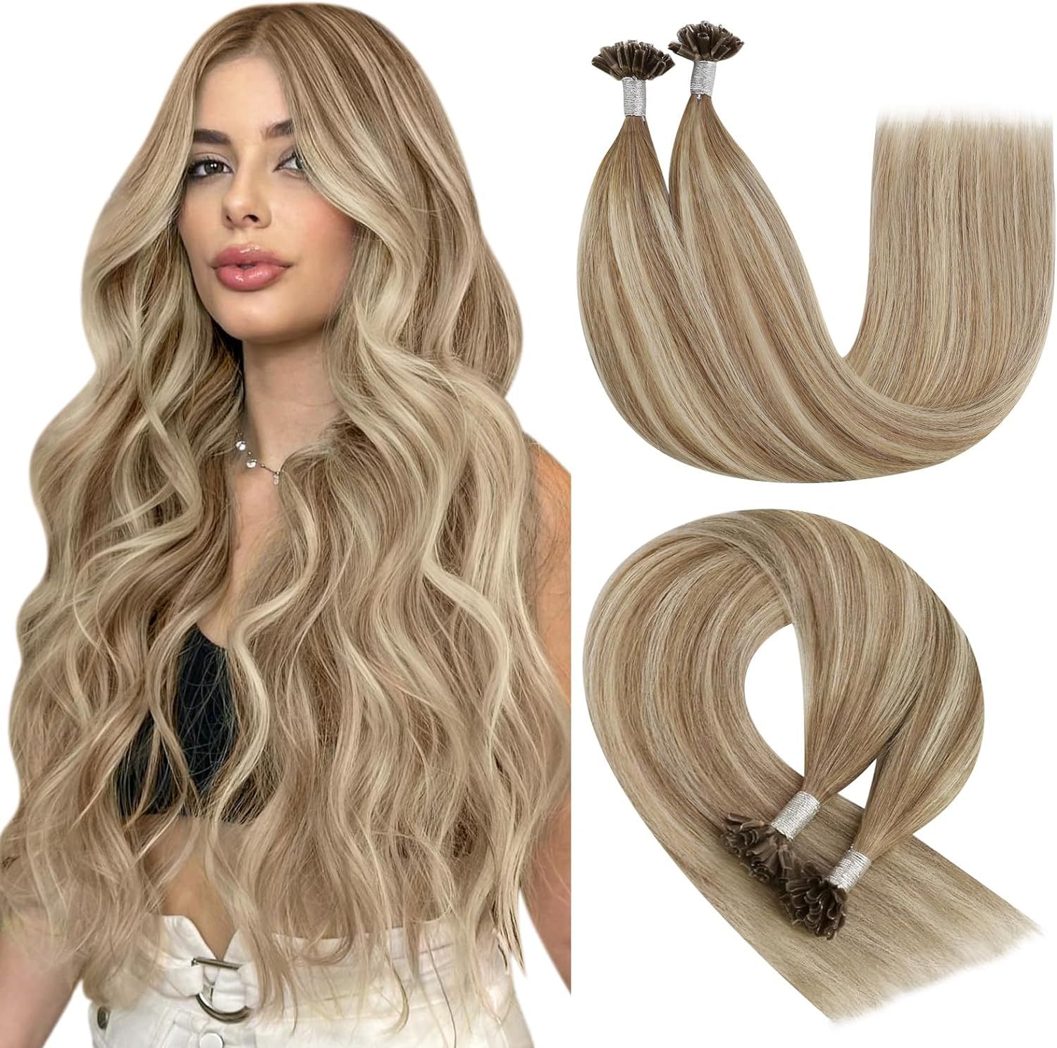 Extension Cheveux Naturel Keratine Ombre 35 Cm Extension Cheveux Naturel À La Kératine Brun Clair Avec Blond Extension Keratine A Chaud Pour Cheveux Courts 50brin/50g Keratine Extension 