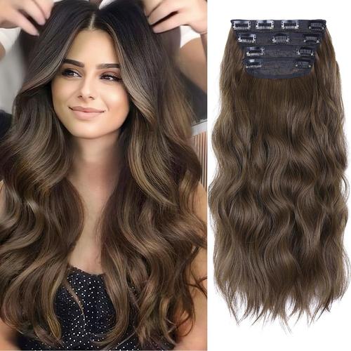 Extension De Cheveux À Clips, Cheveux Naturel Bouclés, Synthétique Pour Femmes, Extensions De Cheveux Ondulés (Brun Foncé, 11 Clips) 