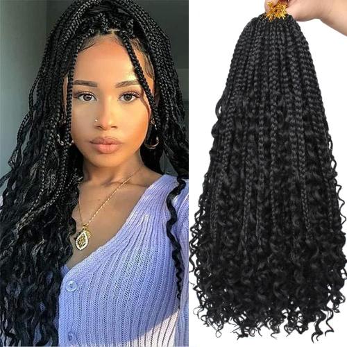 18 pouces 8 paquets Boho Box Braids Crochet Hair with Curly Hair 15 brins/pack Pre Loop Long Black Messy Goddess Box Braids Extensions de cheveux pour femmes noires 1B#