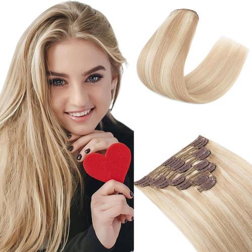 Extension Cheveux Naturel A Clip Maxi Epaisseur Extensions Cheveux Clips Naturel - 100% Remy Hair (#18+613 Sable Blond Meche Blond Clair, 25cm 110g) 