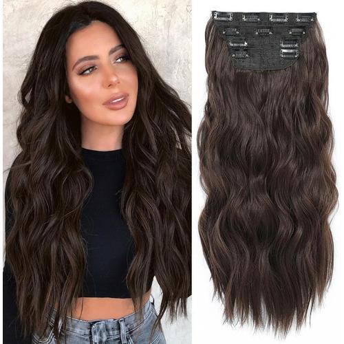 Extension À Clips Cheveux Naturels 4 Pièces Postiches 50,8cm Brun Naturel Longs Ondulés Synthétiques Extensions De Cheveux Pour Femmes(Fort À Porter 11 Clips) 