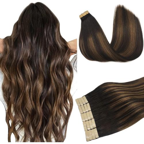 Extension Cheveux Naturels Invisible, Balayage Marron Foncé Mixte Marron Châtaigne 35cm 14 Pouce 50g 20pcs, Tape In Remy Extensions Cheveux Lisse 