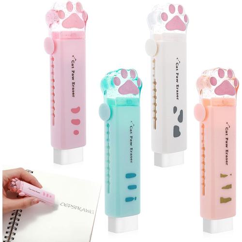 Lot De 4 Gommes Mignonnes En Caoutchouc Rétractables En Forme De Patte De Chat - Kawaii - 4 Couleurs