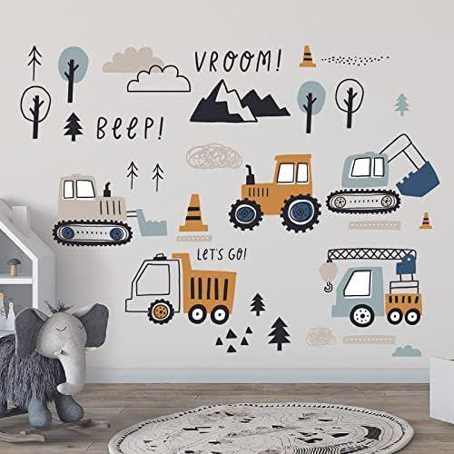 37 Pièces Stickers Muraux Enfants, Autocollant Mural Decoration Chambre Bebe Garcon, Deco Chambre Fille, Sticker Autocollant Mural Grue, Bulldozer, Excavatrice, Camion, Voiture (Tapez C)