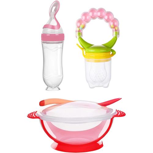 1pc Cuillere Biberon Bebe + 1pc Assiette Ventouse Pour Bébé + 1pc Cuillere Bebe En Silicone + 1pc Sucette Fruit Pour Bebe, Bébé Alimentation Outil Ensemble, Rose