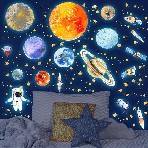 Autocollants Lumineux Planètes Étoiles Phosphorescentes Lumineuses Astronaute Stickers Muraux Décoration de Plafond Galaxie Fluorescent Autocollant pour Bébé Enfants Fille Garcon Chambres Bleu