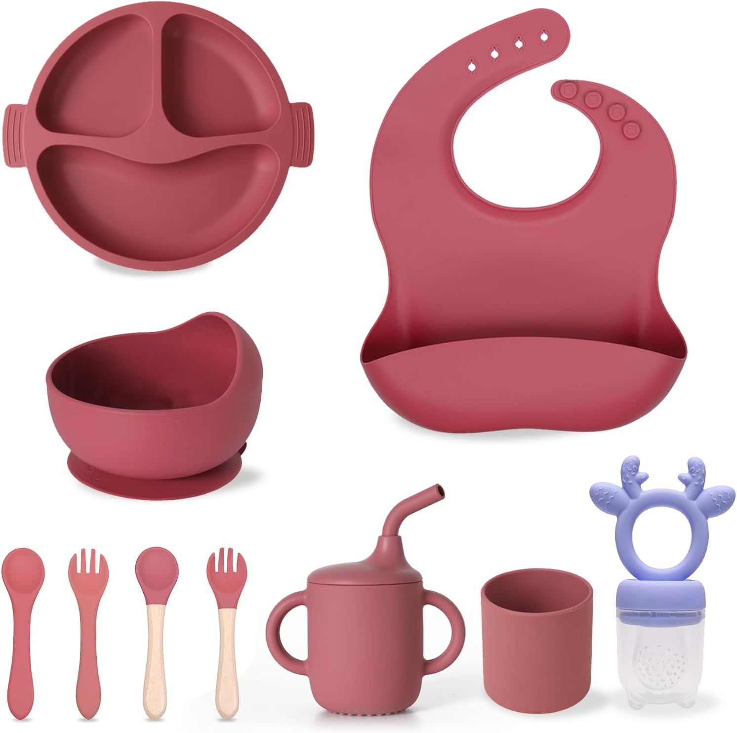 10 Pièces Assiette Ventouse Pour Bébé Set,Coffret Repas Bebe Y Compris Tétine D'alimentation Pour Bébé,Assiette, Bavoir,Bol,Cuillère,Tasse,Silicone,Sans Bpa,Bébés À Partir De 6 Mois