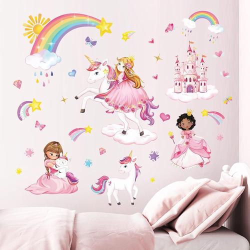 Stickers Muraux Princesse Licorne Autocollants Muraux Mural Stickers Château Arc en Ciel pour Chambre Bébé Fille Enfants Pépinière