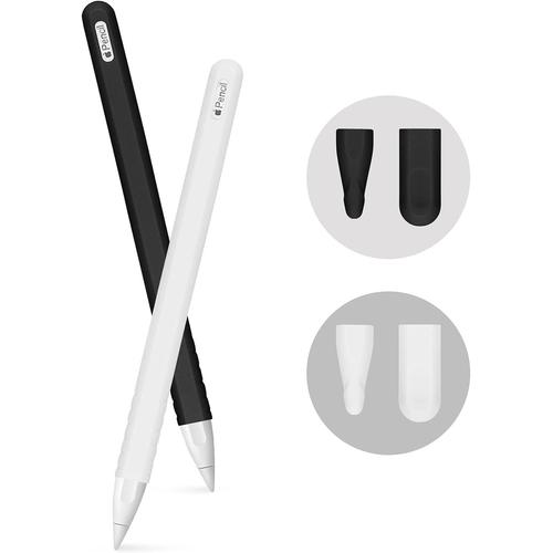 Étui Ultra Mince Compatible Pour Apple Pencil 2ème Génération,[2 Pack] Housse En Silicone Pour Apple Pencil 2 Étui Avec Housses De Protection Pour Nib Compatible Pour Ipad Pro-Noir + Blanc