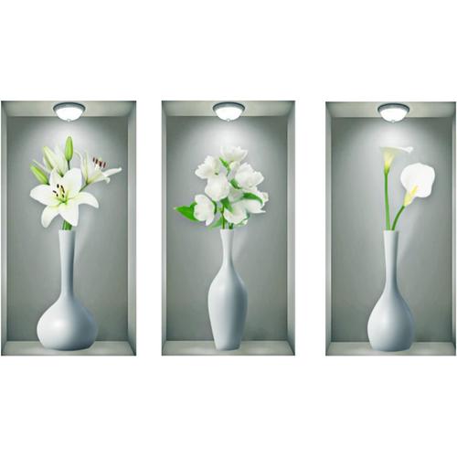 3 Pcs Stickers Muraux 3D Vase, Salon Blanc Vases Stickers Muraux, DIY 3D Vinyle Stickers Muraux, Plantes Fleurs 3D Sticker Peintures Murales pour Décoration Murale