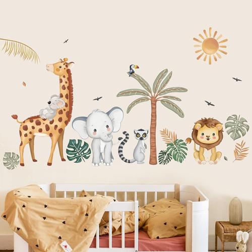 Stickers Muraux Animaux de la Jungle Arbre Boho Autocollants Muraux Mural Stickers Safari Girafe Éléphant Lion pour Chambre Enfants Bébé Pépinière