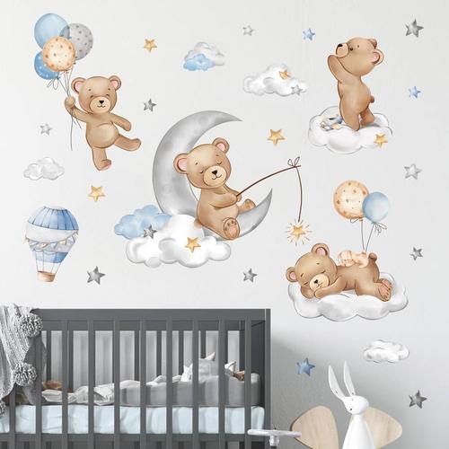 Stickers Muraux Enfants Ourson Endormis Autocollant Mural Ballon Animaux Lune Étoile Décoration Murale Chambre Enfants Bébé Pépinière Salon