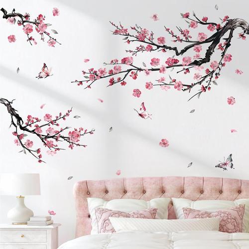 Stickers Muraux Branche de Fleurs Rose Autocollant Mural Fleurs Arbre Rose Décoration Murale Chambre Enfants Chambre Salon