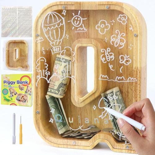 Tirelire en Bois Grande pour Enfant Adulte Tirelire Cochon Personnalisée de Lettres A-Z avec Zone Cible Tirelire Billet Transparente Créative pour Cadeau Décoration Baptême (Q)