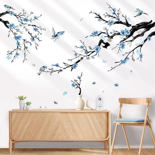 Stickers Muraux Branche de Fleur Autocollants Muraux Mural Stickers Fleurs Bleues Oiseaux sur Branche pour Chambre Salon Mur TV