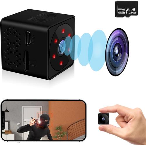 Camera Espion, 4K UHD Mini Caméra Espion Sans Fil avec Carte Micro SD 32 Go, Mini Camera Surveillance WiFi Interieur avec Detecteur Mouvement et Vision Nocturne avec Enregistrement Longue Batteries