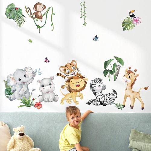 Stickers Muraux Animaux de la Jungle Autocollant Mural Safari Éléphant Girafe Lion Décoration Murale Chambre Enfants Bébé Pépinière Salon