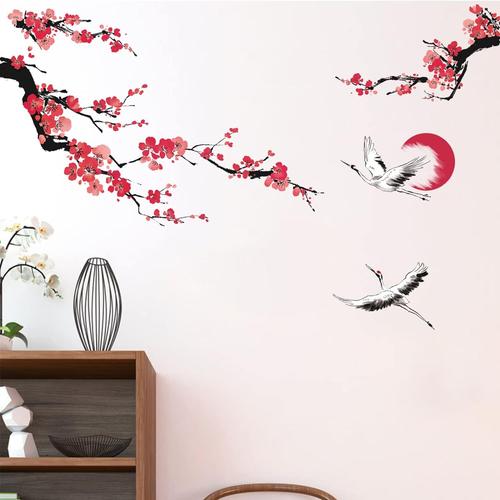 Stickers Muraux Fleurs de Cerisier Prune Autocollants Muraux Mural Stickers Style Chinois Branche Arbre pour Chambre Salon TV Mur Bureau