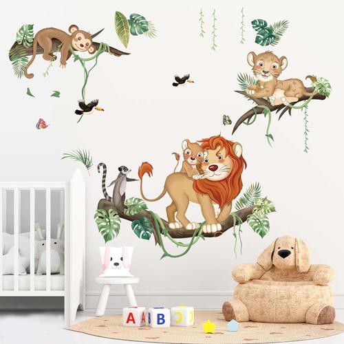 Stickers Muraux Animaux de la Jungle Autocollant Mural Safari Singe Lion Décoration Murale Chambre Enfants Bébé Pépinière Salon
