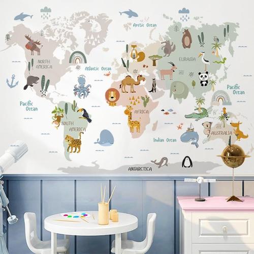 ® Sticker mural, motif carte du monde, animaux pour chambre d'enfant, bébé, garçon et fille, décoration murale auto-adhésive (A)