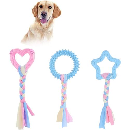 Jouets À Mâcher Pour Chiots, 3pièces Ouet En Caoutchouc Anneau Durables Pour Chien Avec Cordes En Coton Jouets À Mâcher Agressifs Jouets Pour Chiens Indestructible Rose Pour Santé Dentaire De Chien