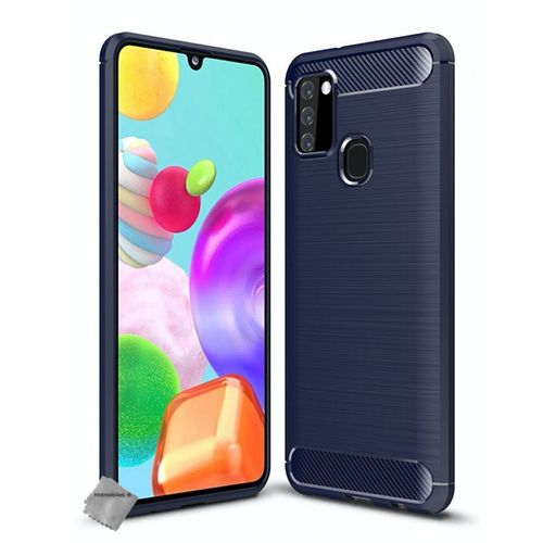 Housse Etui Coque Silicone Gel Carbone Pour Samsung Galaxy A21s + Verre Trempe - Bleu Fonce
