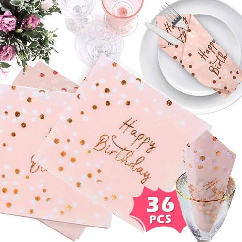 Rose, Or Rose Serviette Papier Anniversaire, 36 Pièces Serviette De Table Papier Jetable 3 Plis 33 X 33 Cm, Serviettes Papier Joyeux Anniversaire Rose Pour Enfant Fille Garçons Femmes Homme Deco