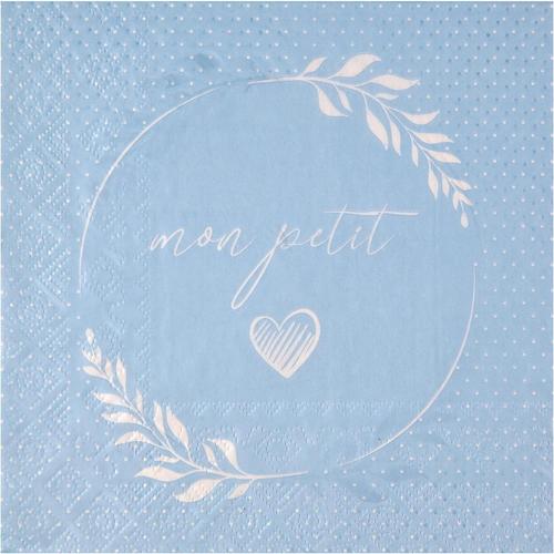 Bleu Et Blanc Serviette Bleu Ciel 'mon Petit Coeur' Pour Fête Baby Shower Ou Baptême (X20) Ref/7622, 16.5 X 16.5 Cm (Fermé) / 33 X 33 Cm (Ouvert)