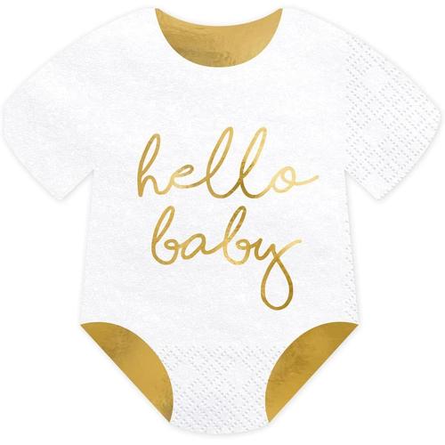 Doré, Blanc Party Deco Lot De 20 Serviettes De Table Pour Fête Prénatale En Forme De Barboteuse Avec Inscription « Hello Baby » Doré/Blanc