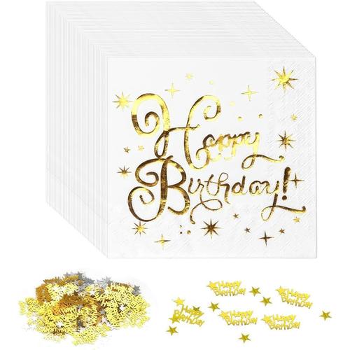 40 Pièces Serviette Papier, Serviettes de Table Happy Birthday Blanc Or Tissu Vaisselle Jetable Joyeux Anniversaire pour Fille Garçons Fête D'anniversaire Décoration Anniversaires Deco Parties