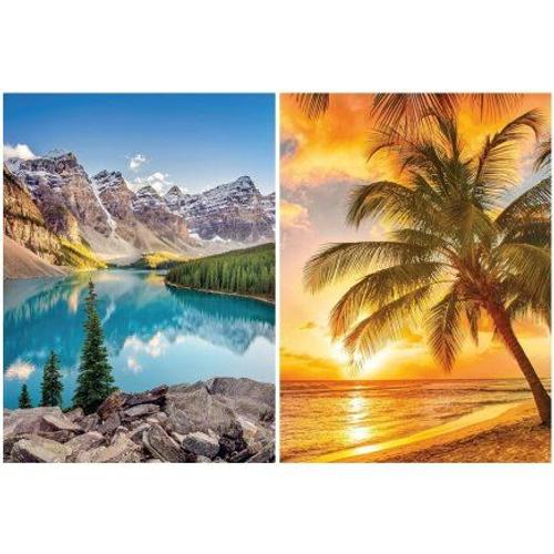 Puzzle 2 X 500 Pieces Adulte - Plage Paradisiaque Et Lac De Montagne - Collection Paysage, Evasion, Nature - Set Puzzles + Carte